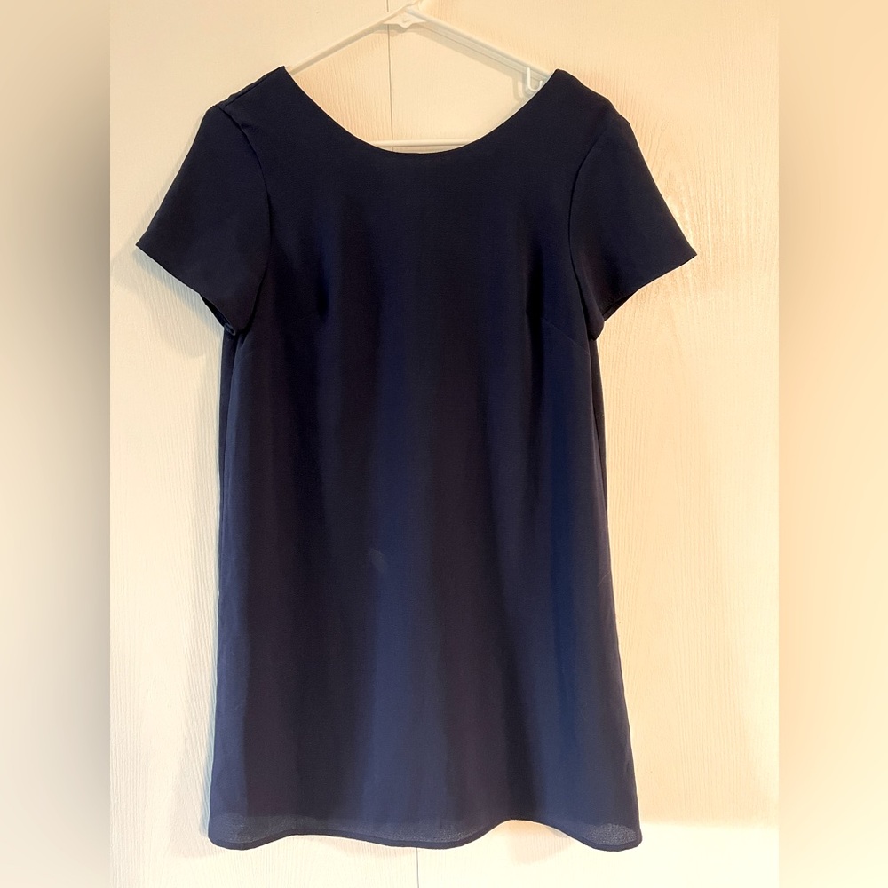 Navy shift dress, low/cutout back
